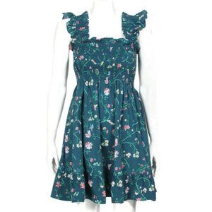 HILL HOUSE HOME Elizabeth Nap Dress Green Moody Floral Smocked Ruffle sz S /767